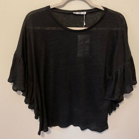 Zara linen black ruffle sleeve top NWT - Picture 3 of 6